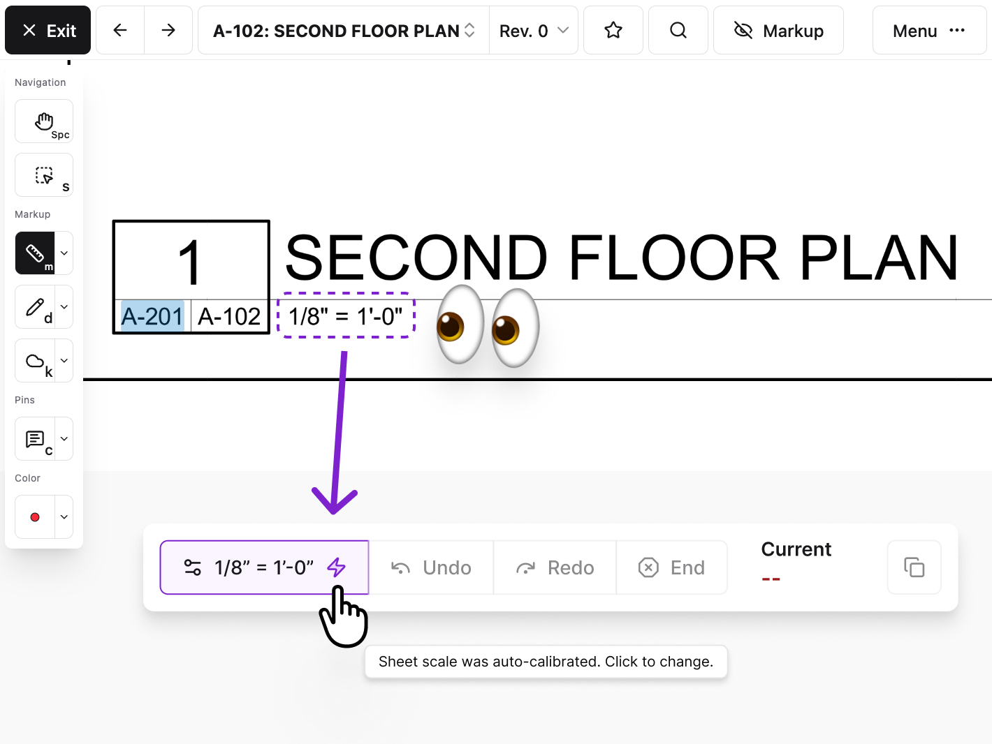 A screenshot showing Constructable's auto-calibrate feature for drawing sheets, which automatically detects and applies the correct scale, eliminating the need for manual calibration. The screenshot shows a drawing viewer with a scale indicator displaying 1/8 inch equals 1 foot and a notification indicating that the sheet scale was auto-calibrated.