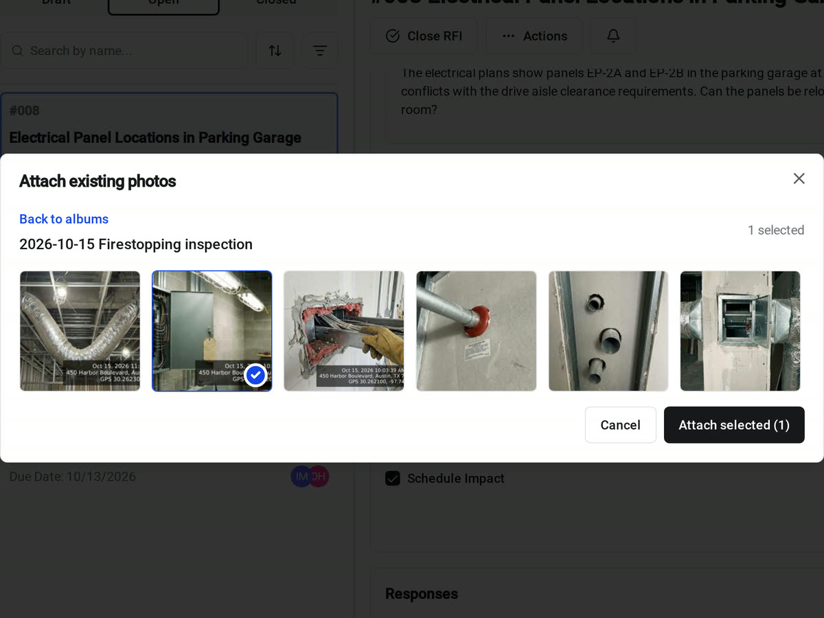 The Attach existing photos picker open on an RFI in Constructable, with a photo of an electrical panel selected from the 2026-10-15 Firestopping inspection album