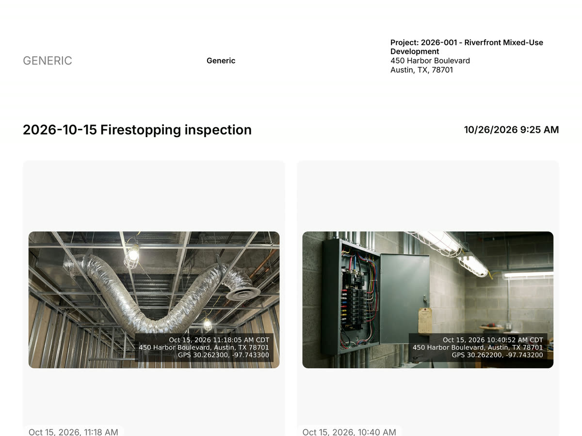 The first page of a Constructable photo PDF report titled 2026-10-15 Firestopping inspection, with the project address and stamped photos of ductwork and an electrical panel