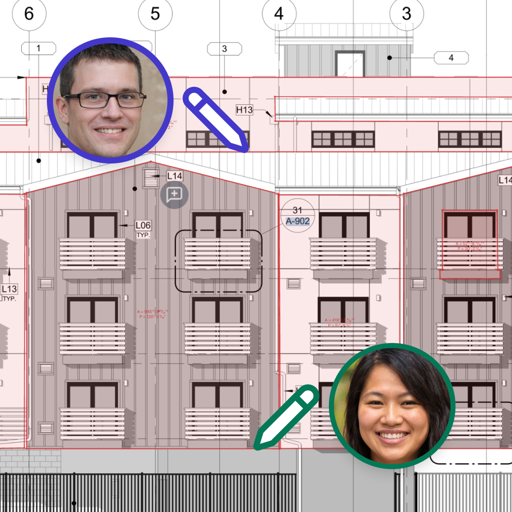A screenshot of Constructable's drawing viewer feature, where multiple users can work directly on the same drawing sheet together in real-time, drawing markups, measurements, and text annotations.